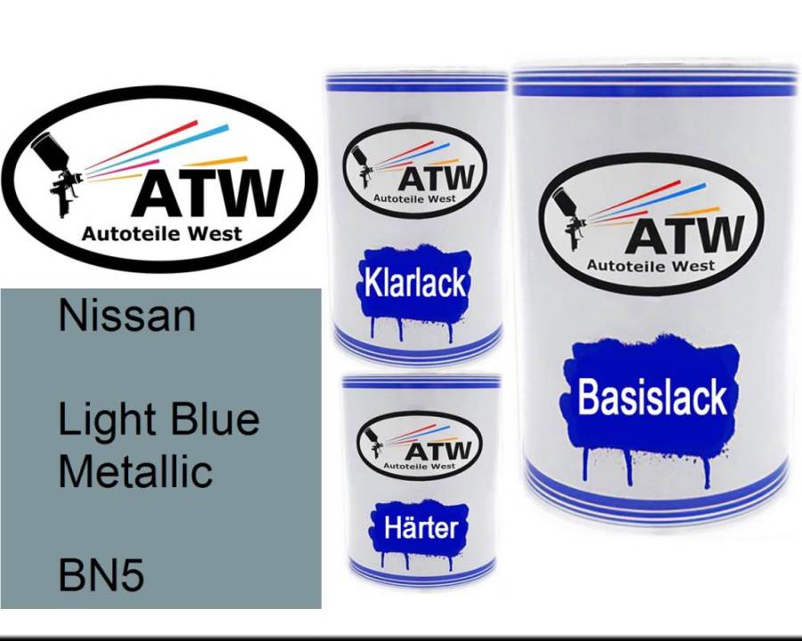 Nissan, Light Blue Metallic, BN5: 500ml Lackdose + 500ml Klarlack + 250ml Härter - Set, von ATW Autoteile West.